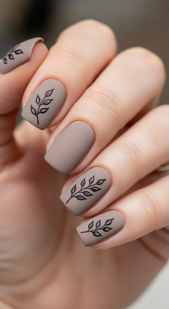 25 Fall Matte Nails 2026 | Trendy Autumn Colors & Velvet Chic Ideas 5 Short matte taupe nails with minimalist black leaf designs.