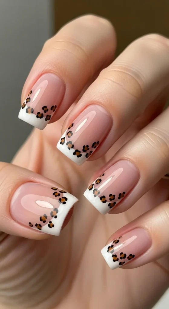  Nude French tip nails with subtle leopard print for autumn.