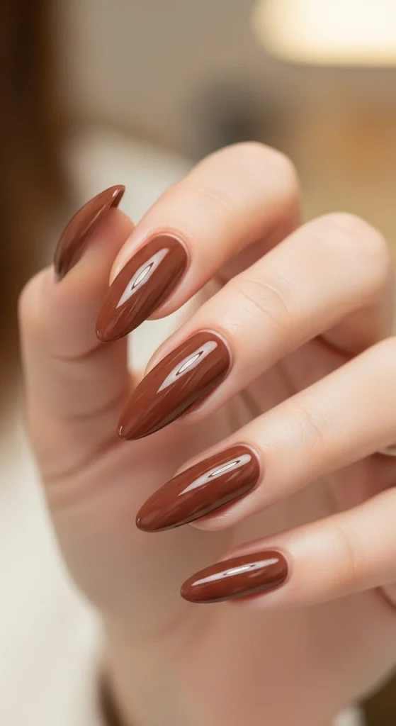 Mocha brown almond nails with glossy shine, fall nail trend 2026.