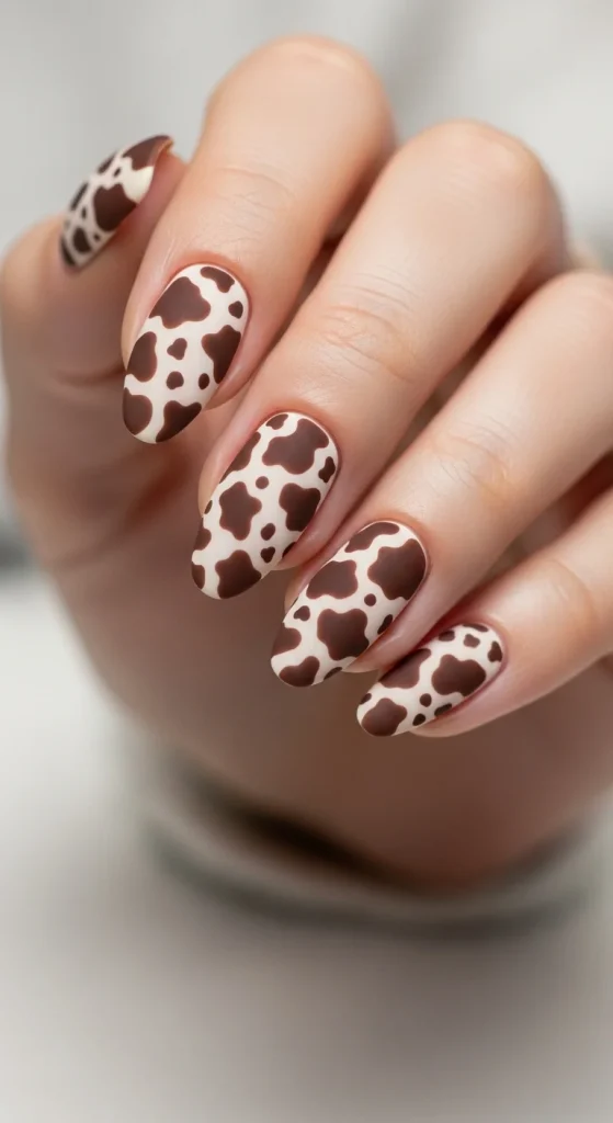  Mocha cow print short nails for playful fall style.