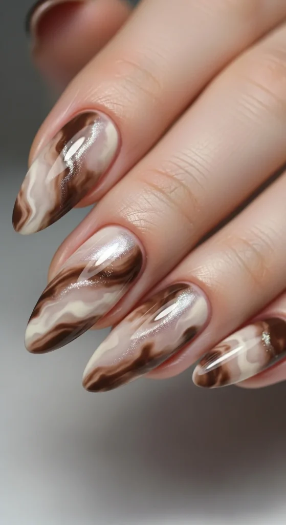 20 Chic September Nail Designs for 2026 That Capture Fall’s First Glow 5 Mocha latte marble nails with cream swirls.