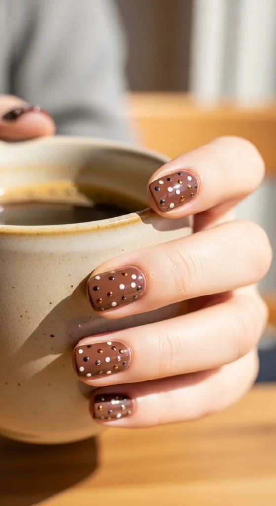Mocha brown nails with tiny bronze and white dots, coffee cup in hand.
