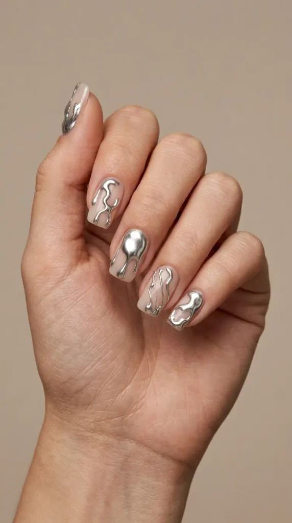 September Nails Inspiration: 13 Must-Try Manis That Scream Summer’s Final Glow 12 Molten silver drip nails with reflective chrome accents on a sheer milky nude base