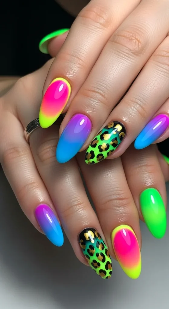 Aura neon gradient and animal print almond nails, creative Pinterest nail art 2026.