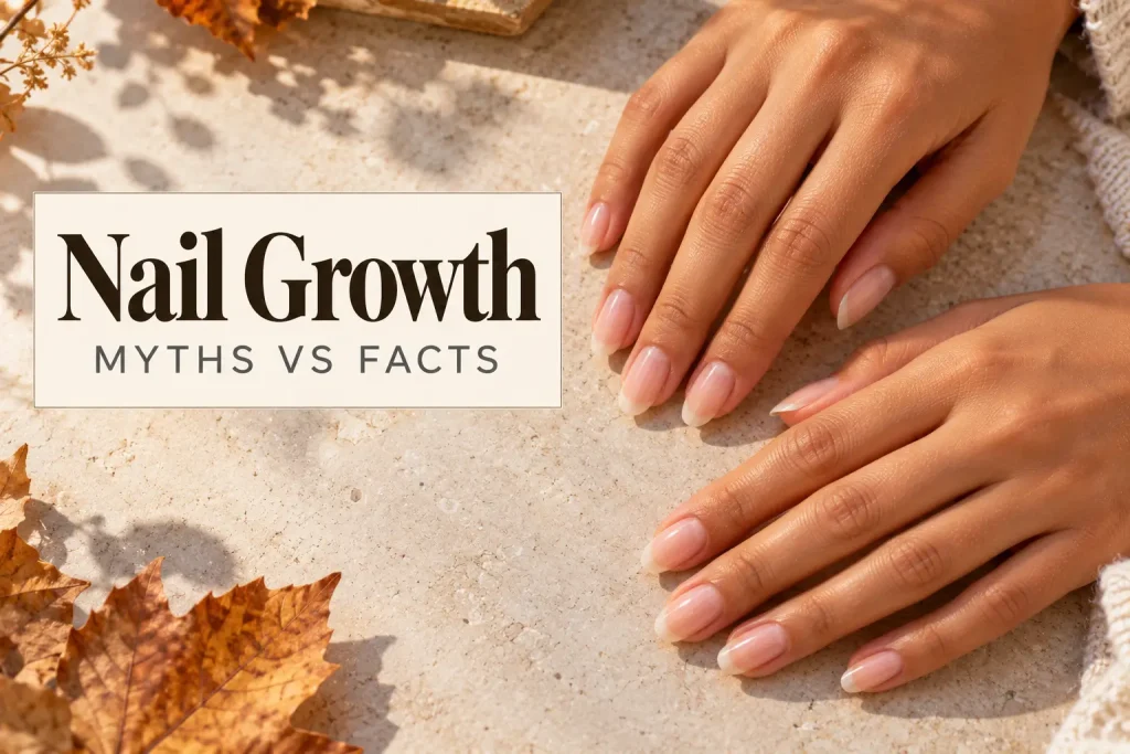 Two hands with healthy natural almond nails resting on warm beige stone with dry autumn leaves