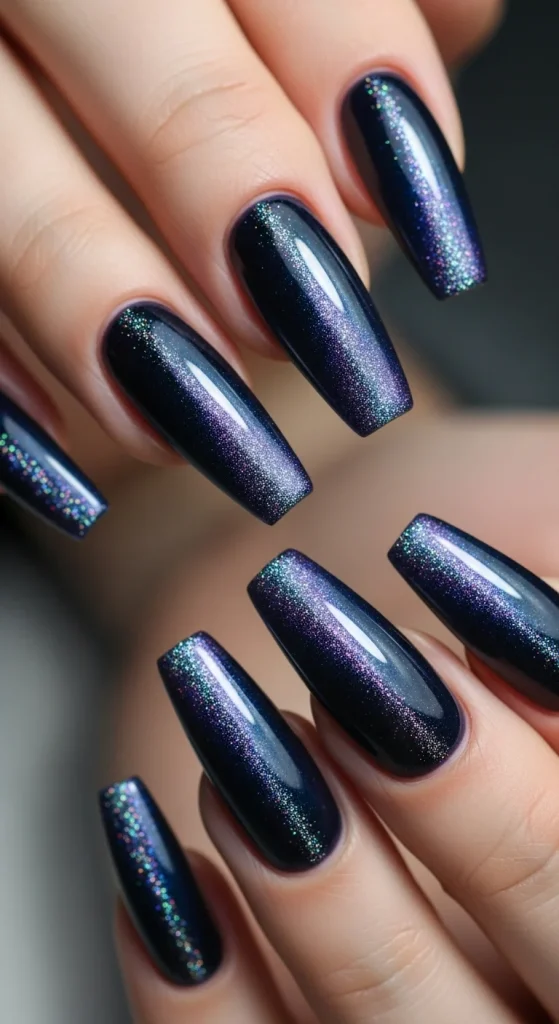 Navy cat-eye magnetic coffin nails, bold fall trend 2025.