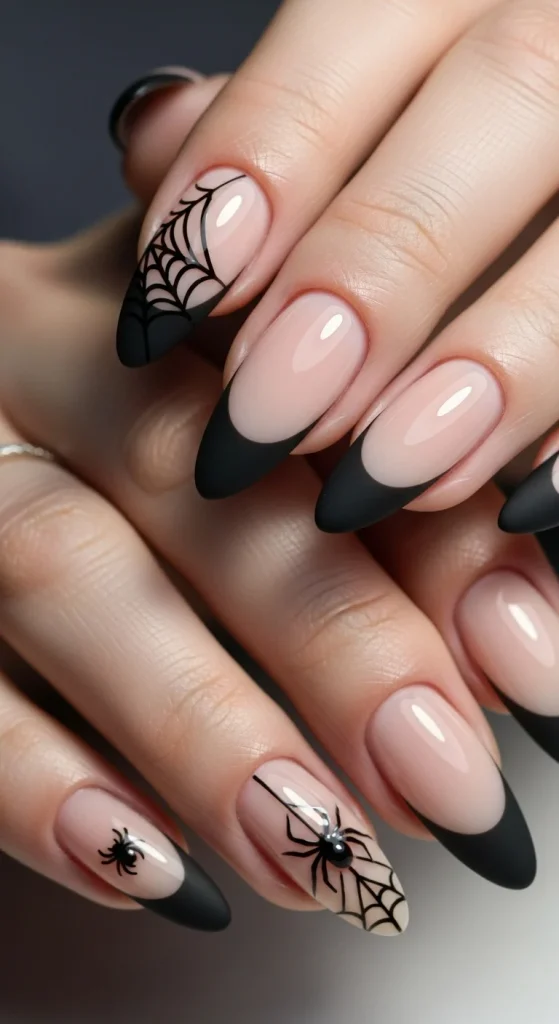 Minimalist negative space web nails with sheer nude base black french tips and fine black spiderweb designs across nail, giving a chic and spooky Halloween aesthetic.