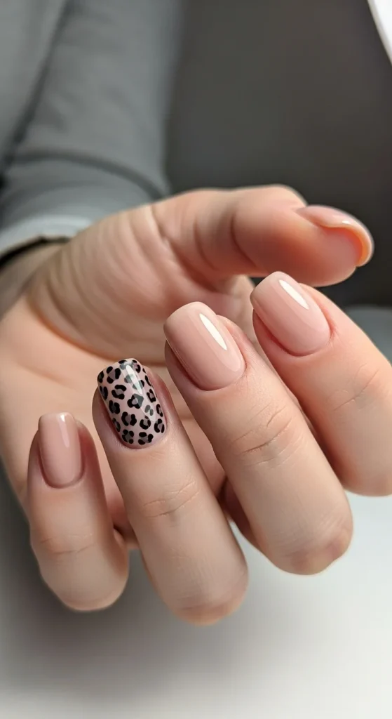  Nude nails with one leopard spotlight accent for fall.