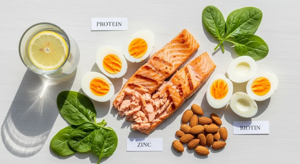 Cuticle Care 101: Oils, Creams & Habits for Stronger Nails 6 Flat-lay of salmon, eggs, almonds, spinach, and a glass of water with lemon. Labels “Protein, Zinc, Biotin.” Clean wellness editorial look.