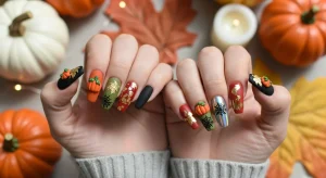 October nails 2025 flatlay — manicured hands with long almond and coffin nails in burnt orange, cranberry red, olive green, and matte black, detailed with 3D pumpkins, gold foil leaves, holographic cobwebs, and chrome aura glow. Styled with pumpkins, candles, and autumn leaves for a cozy fall vibe.