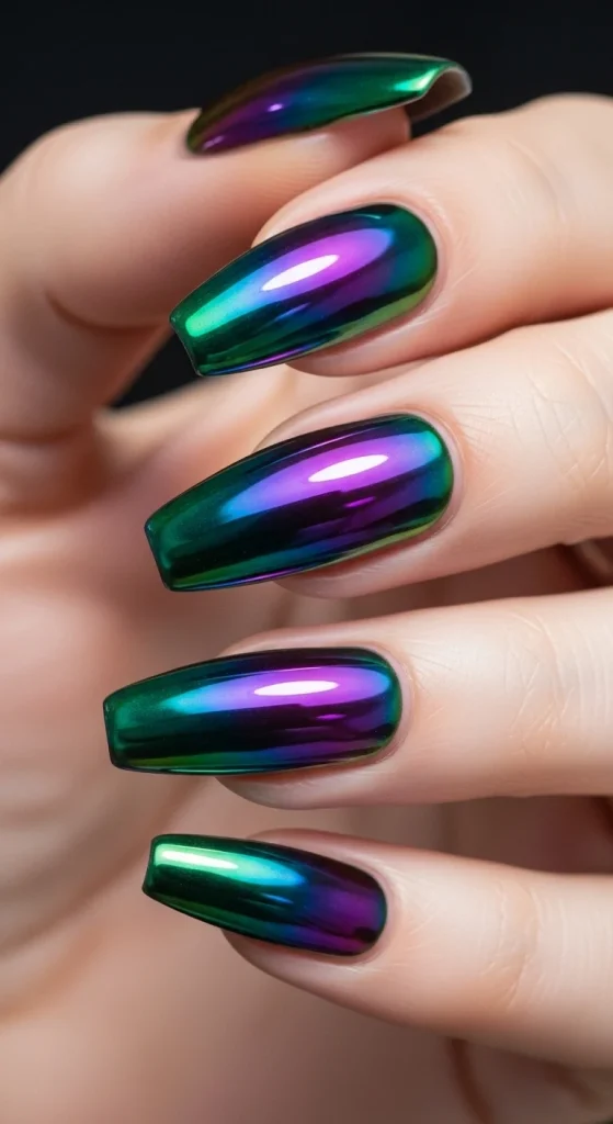 Oil-slick chrome stiletto nails.
