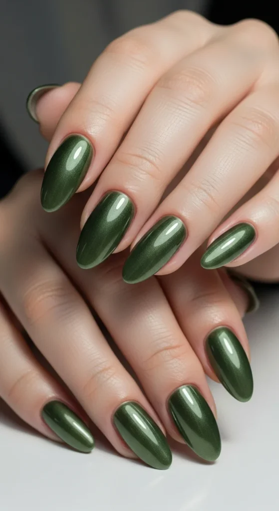 Olive chrome mirror nails, edgy fall 2025 design.