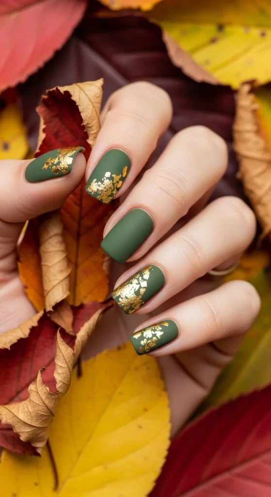 25 Fall Matte Nails 2026 | Trendy Autumn Colors & Velvet Chic Ideas 19 Matte olive nails with gold foil accents, styled with autumn leaves.