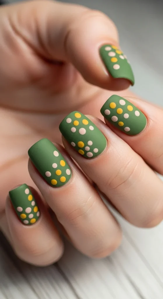 Matte olive nails with mustard and nude dots arranged in playful patterns.