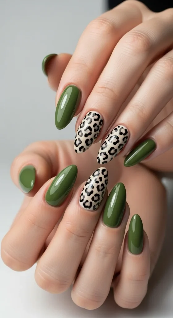Olive safari leopard print nails for Fall 2025.