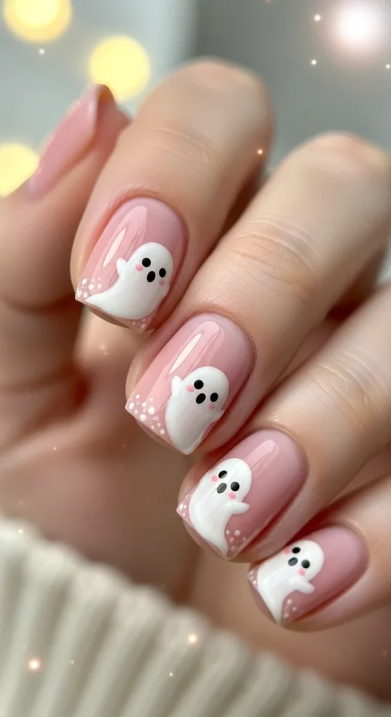 Cute pastel ghost nails featuring soft pink, lavender, and baby blue tones with tiny white ghost designs, creating a playful and spooky Halloween vibe.