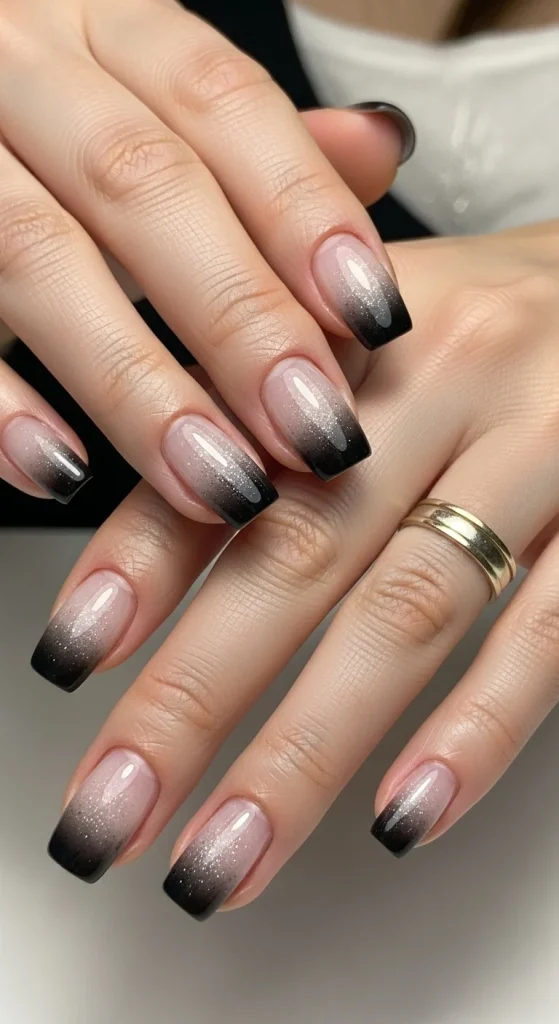 Gradient nails fading from sheer white to smoky black with pearl shimmer overlay