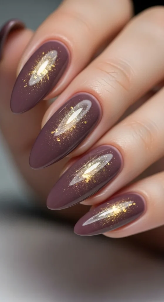 Plum gold foil aura almond nails, luxury fall 2025 design