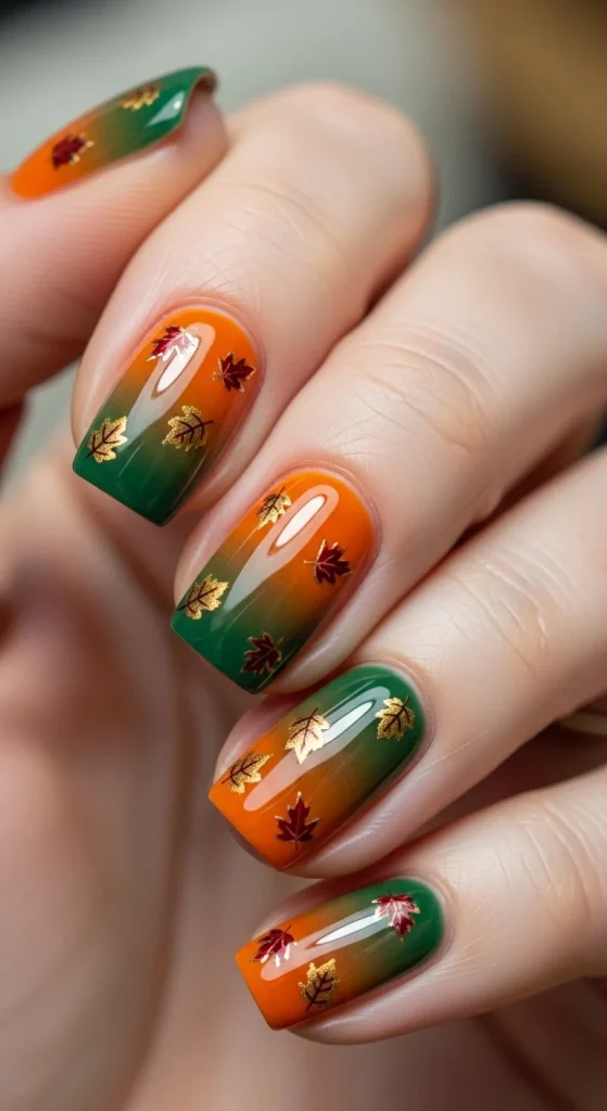 Gradient nails blending pumpkin and leaf colors with leaf accents.