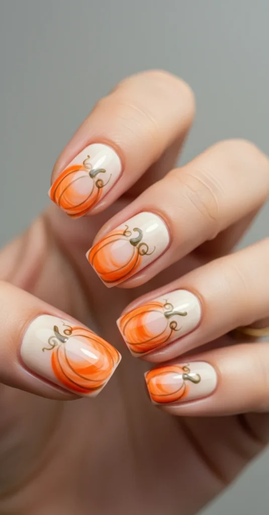 Marble gradient nails with pumpkin-inspired orange and cream swirls