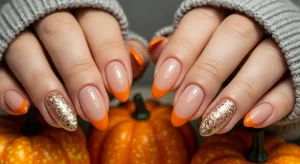 Pumpkin nails with orange French tip with gold glitter accents on nude base.