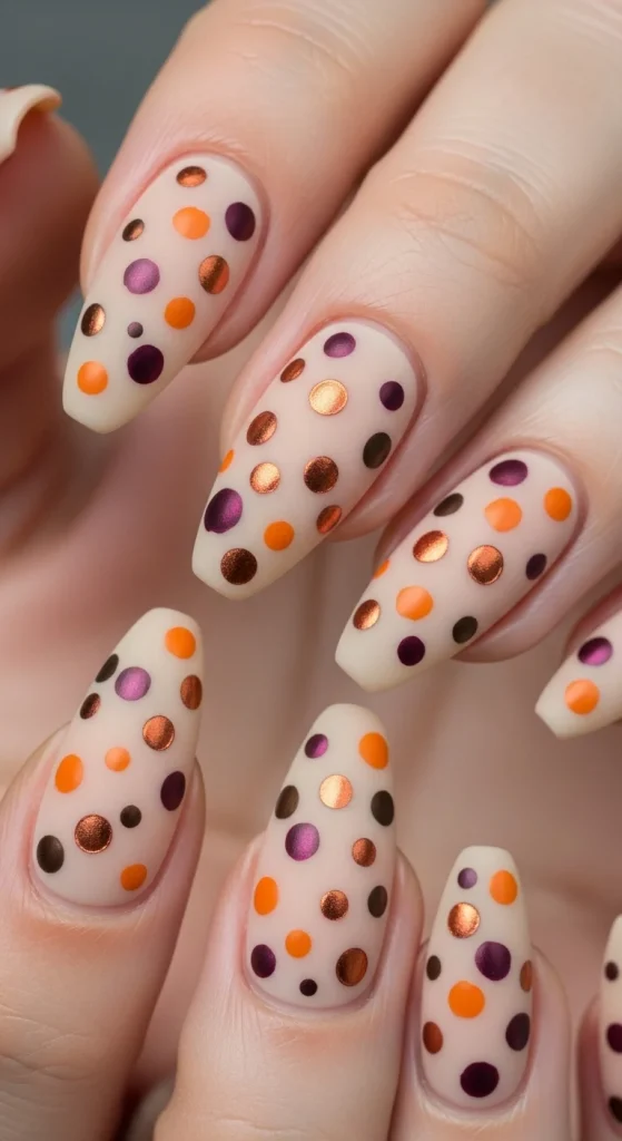 Beige nude nails with confetti dots in pumpkin orange, burgundy, and bronze.