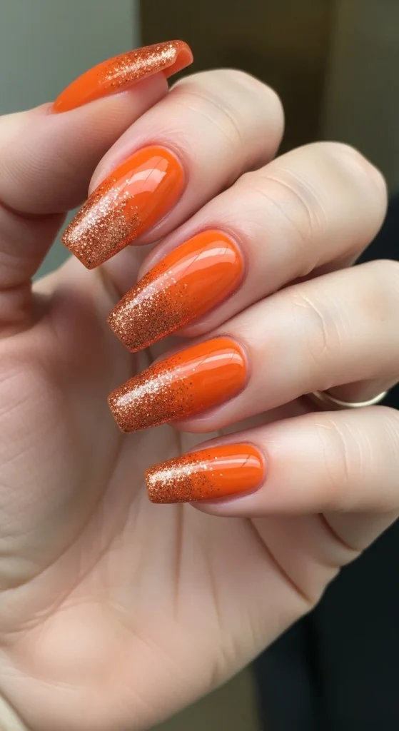 Pumpkin nails with copper glitter dust accent.