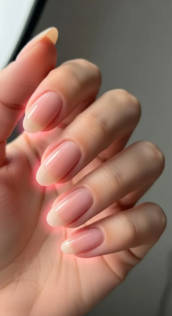 Rose-tinted nude aura nails, romantic fall 2025 style.