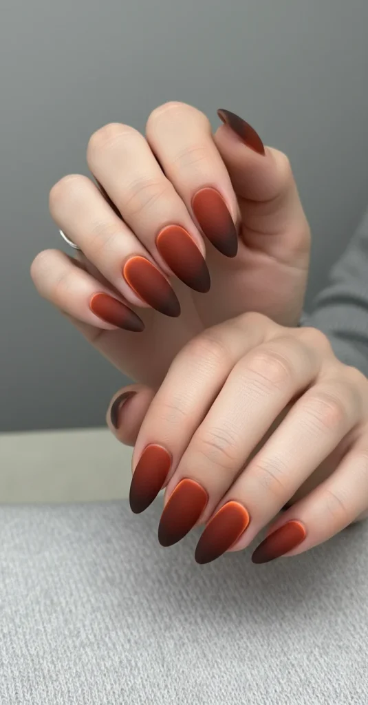 25 Fall Matte Nails 2026 | Trendy Autumn Colors & Velvet Chic Ideas 25 Rust matte nails with aura glow edges in dark brown