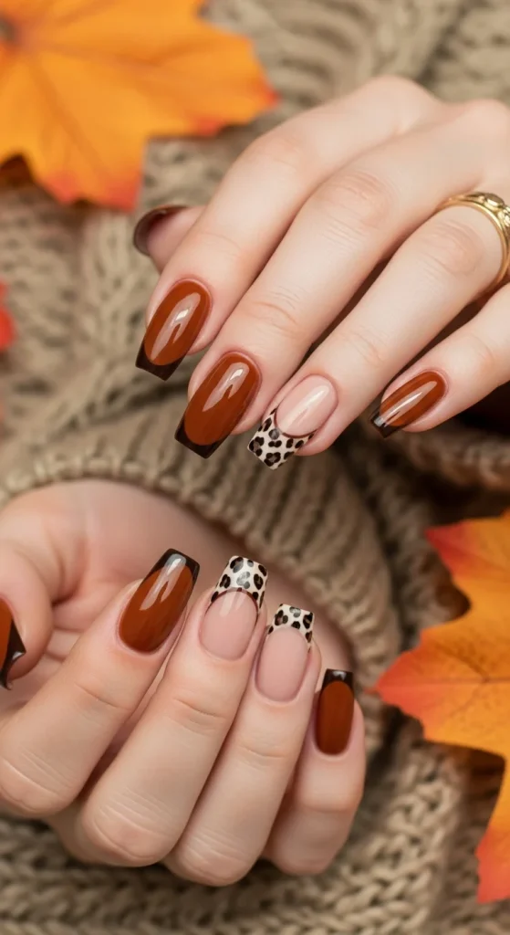 Cognac brown nails with leopard French tips for rustic fall vibes.