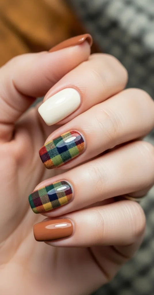 Warm Fall Nail Designs 2026: Earth Tone Manicure Ideas You’ll Love 13 Rustic plaid accent nails in warm tones