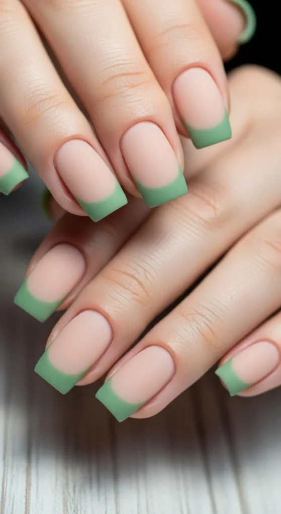 Sage green French tip short nails, fall trend 2025.
