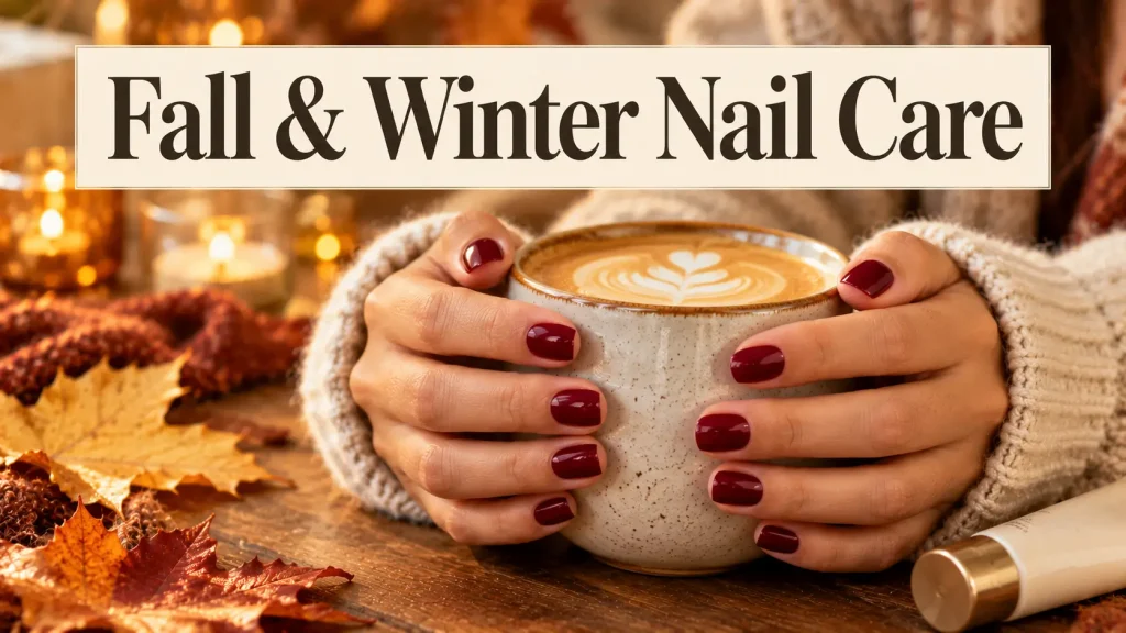 Hands with short wine-red nails holding a cappuccino beside a knit sweater, hand cream and golden leaves, for fall and winter nail care