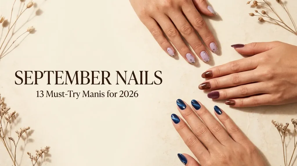 September nails 2026 featuring three elegant manicure styles in lavender, chocolate plum, and sapphire blue