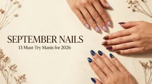 September nails 2026 featuring three elegant manicure styles in lavender, chocolate plum, and sapphire blue