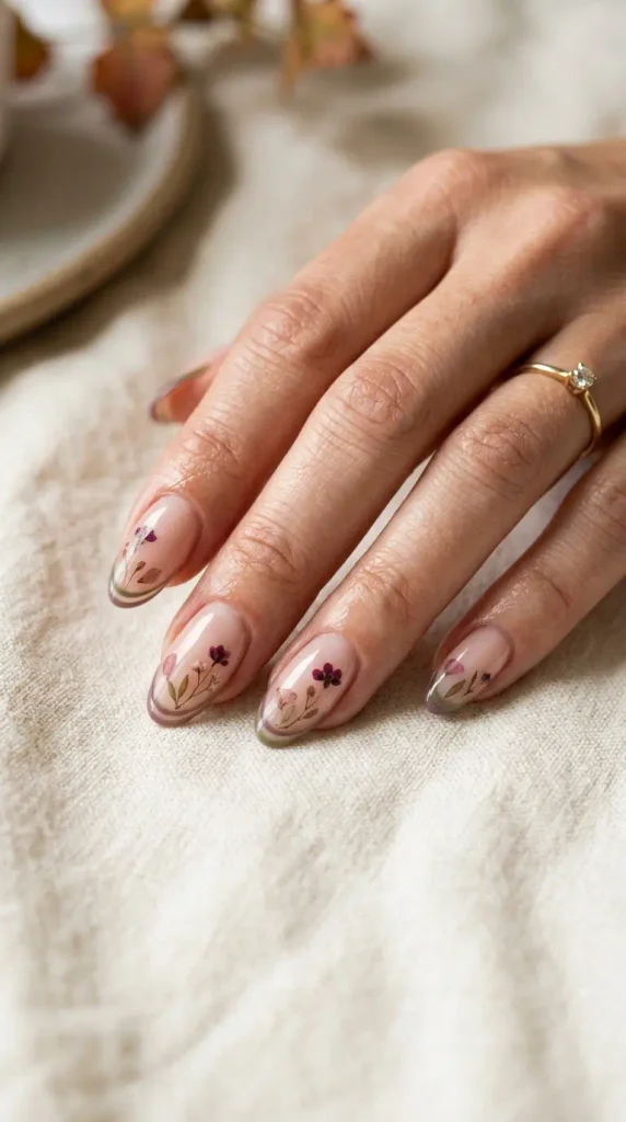 September Nails Inspiration: 13 Must-Try Manis That Scream Summer’s Final Glow 3 September wildflower nails with delicate botanical art and muted olive French tips on a sheer nude base