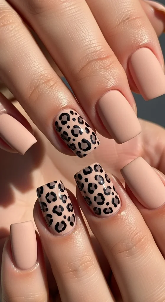  Short nude nails with leopard print accents.