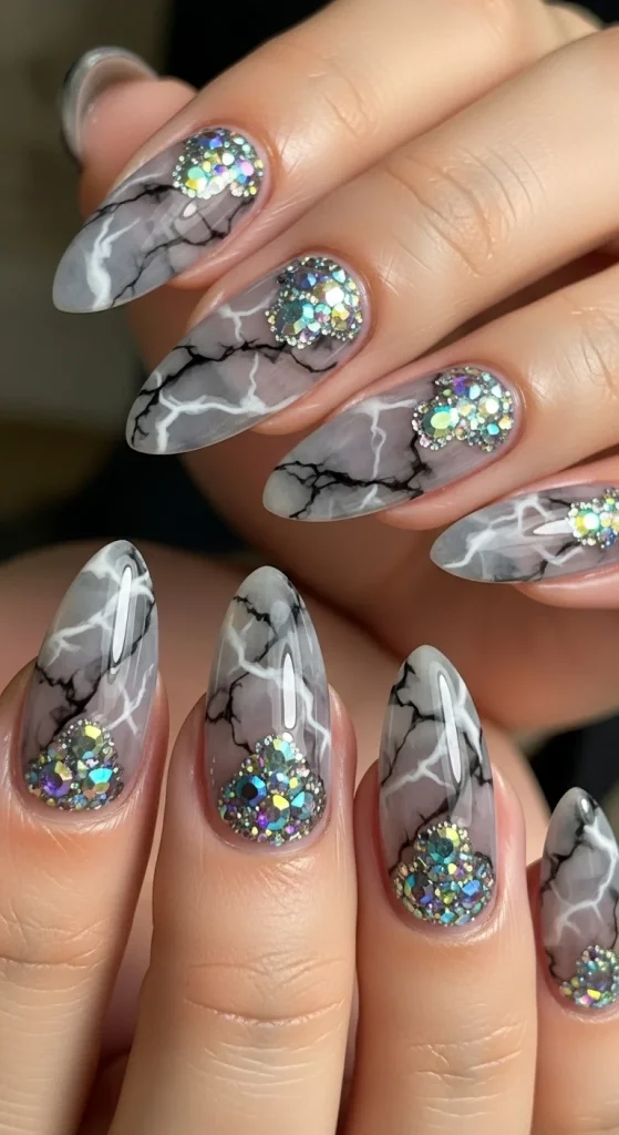 Almond nails with smoky quartz marble design.
