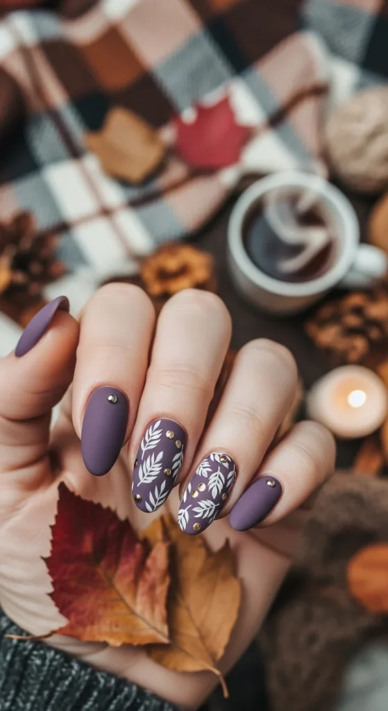 25 Fall Matte Nails 2026 | Trendy Autumn Colors & Velvet Chic Ideas 22 Matte smoky lavender nails with cozy autumn background