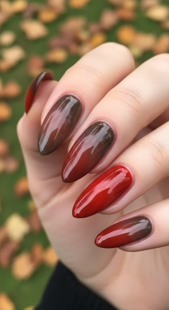 Almond nails with smoky maple gradient polish.