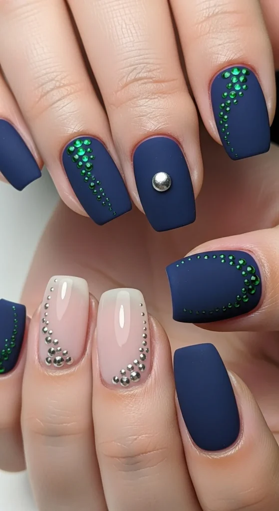 Matte navy nails with emerald and silver dotted accents.