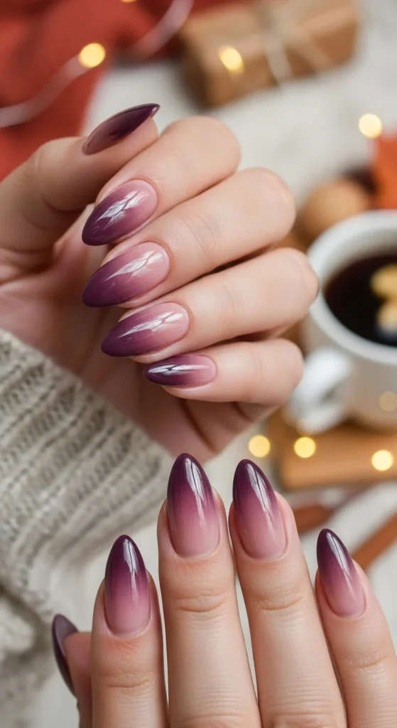 Smoky plum aura almond nails, fall design 2025.