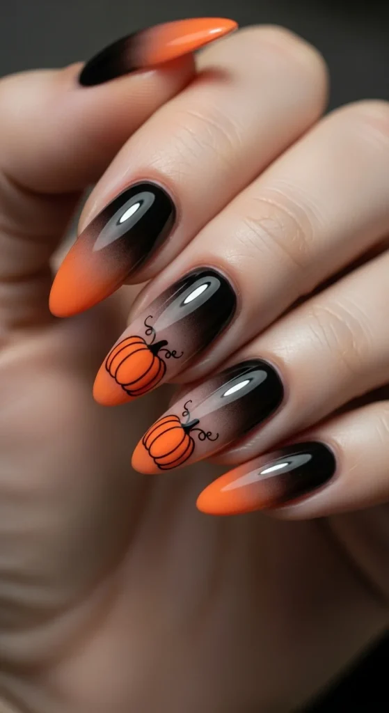 Smoky pumpkin fade nails with abstract detailing.