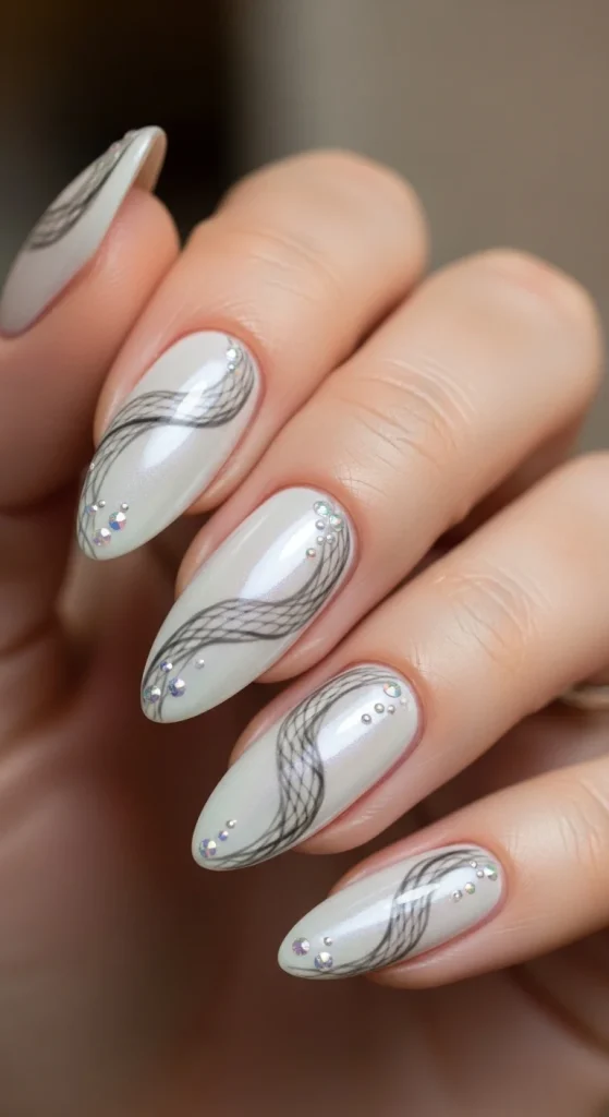 Smoky veil pearl illusion nails — pearlescent base with smoke swirls.