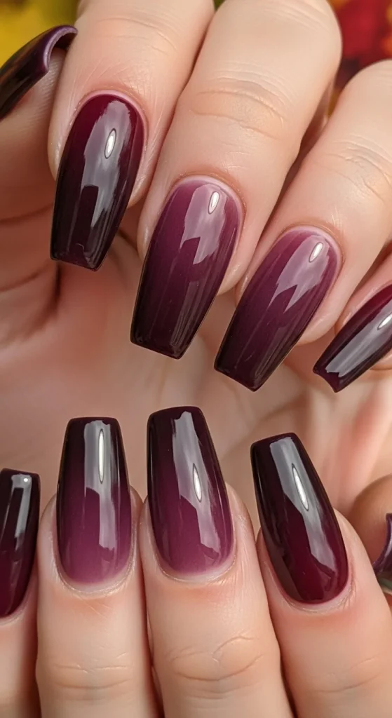Coffin nails with mulberry-plum ombre.