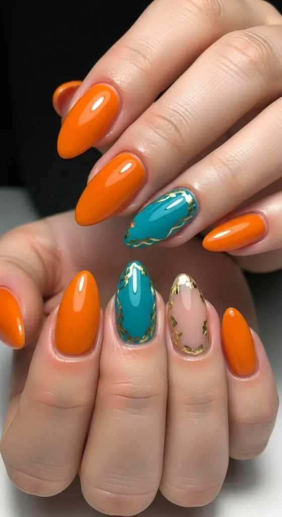 20 Chic September Nail Designs for 2026 That Capture Fall’s First Glow 7 Pumpkin spice nails with teal gold-accent designs