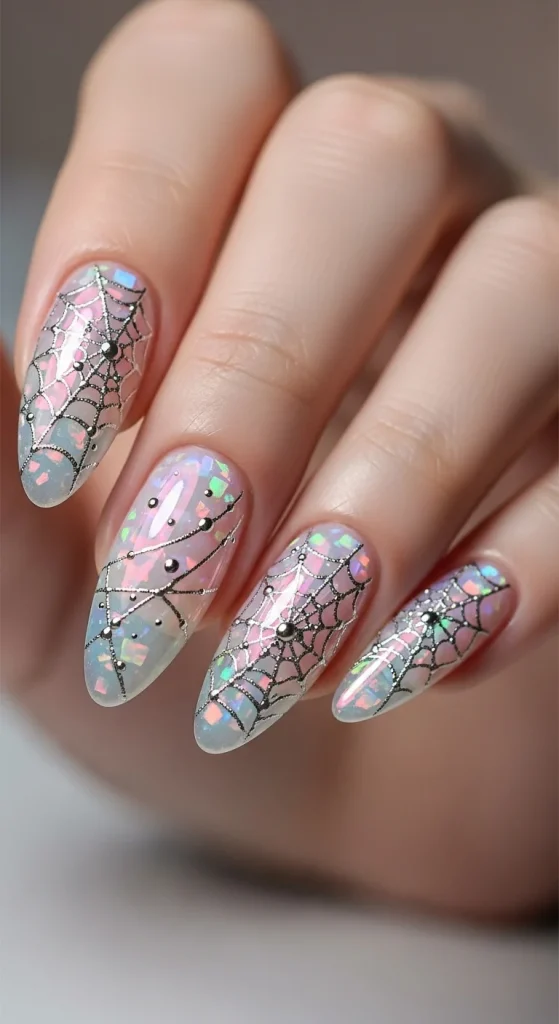 Almond nails with sheer opal base and fine silver iridescent spiderweb overlays