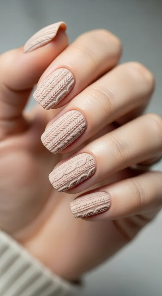 25 Fall Matte Nails 2026 | Trendy Autumn Colors & Velvet Chic Ideas 7 Matte beige nails with embossed sweater-knit 3D texture