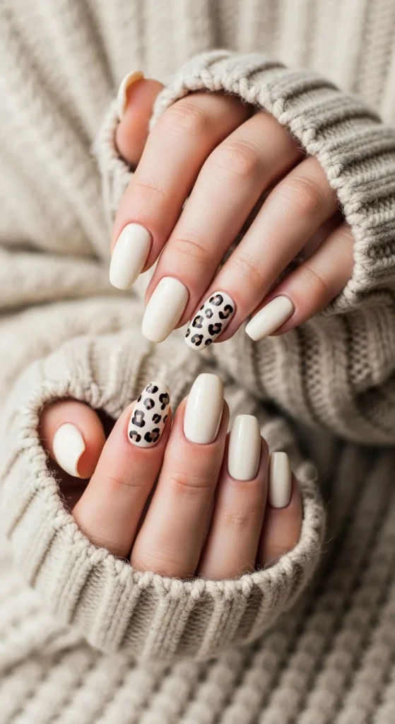  Cream sweater-weather nails with leopard accents for cozy fall 2025 style.