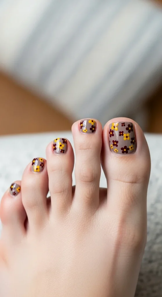 15 Trendy Fall Toe Nails Designs 2026 for the Perfect Cozy Pedicure 6 Vintage floral fall toe nail design on taupe base.